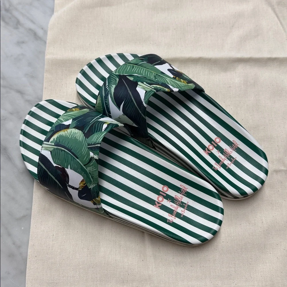 KOIO X Beverly Hills Hotel Tropical Leaf Print Slip on Pool Shoes NIB Size 38